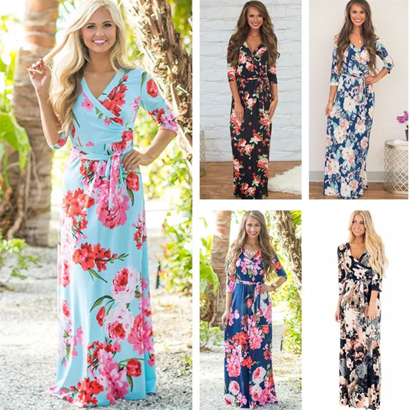 

Boho Summer Floral Printed Sashes Long Dresses Seaside Holiday Ladies Beach Style Bandage Maxi Dress 2019 Plus Size XXL Vestidos