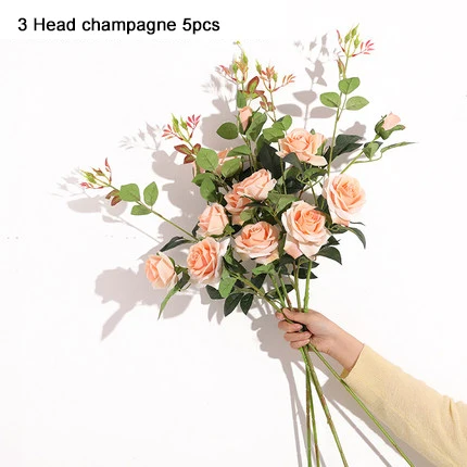 5pcs champagne 5 шт., 3 головки, красная роза, искусственный цветок, букет, розовый, белый, шампань, розы, весенний Декор для дома, свадебные, вечерние, декор для стола, цветы - Цвет: 5pcs champagne