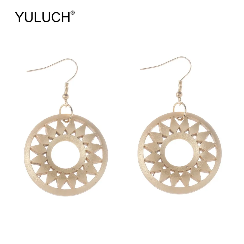 

YULUCH Wooden Gold Round Hollow Gear Hanging Earings 2019 Ethnic Natural Pendant Fashion Drop Earrings For Women Accessories