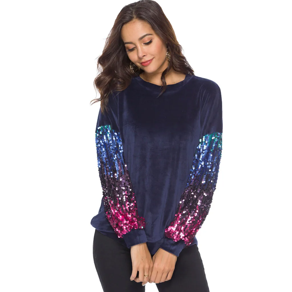 WOMAIL Bling Sequines модная футболка с длинным рукавом Женская однотонная Повседневная Лоскутная футболка с круглым вырезом для женщин 19JAN30