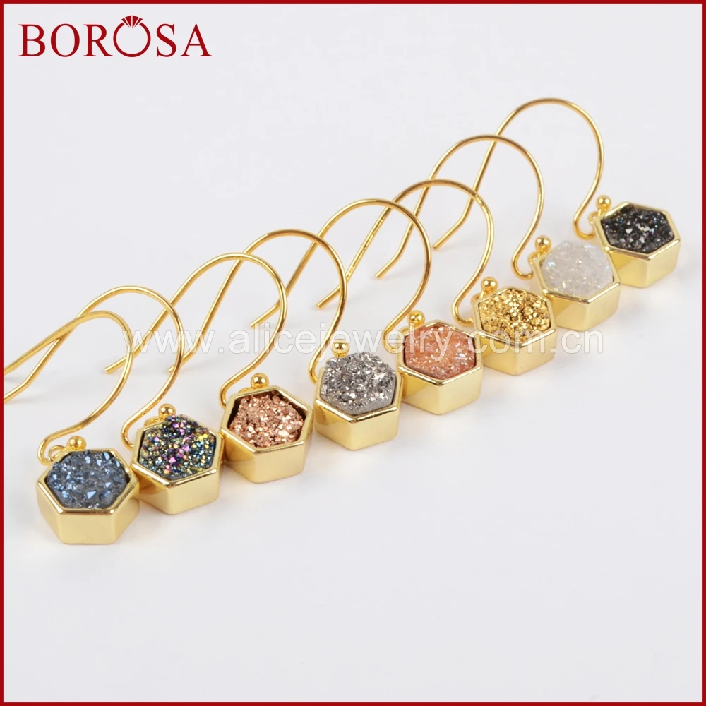 

BOROSA 5Pairs Drusy Dangle Earrings for Women,Gold Electroplated Edge Hexagon Rainbow Titanium Druzy Charm Drop Earrings ZG0159
