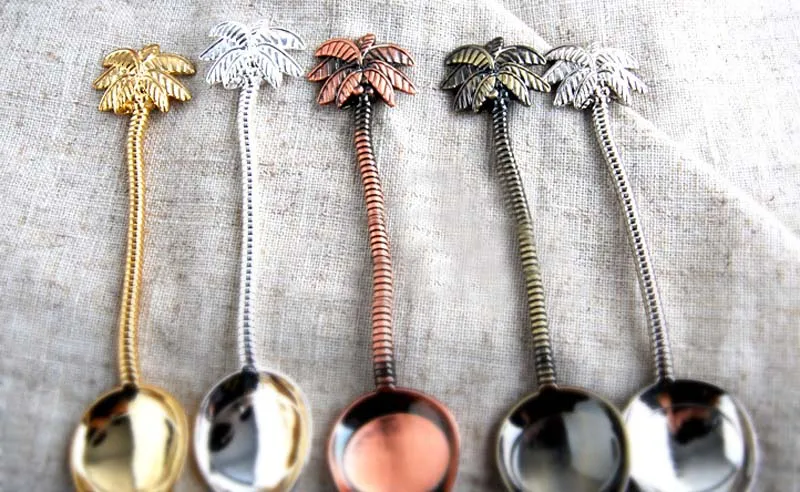 

BalleenShiny Vintage royal style Coconut Tree Tea Coffee Spoon Ice Cream Small Decoration Zine Alloy Gift For Bar Party