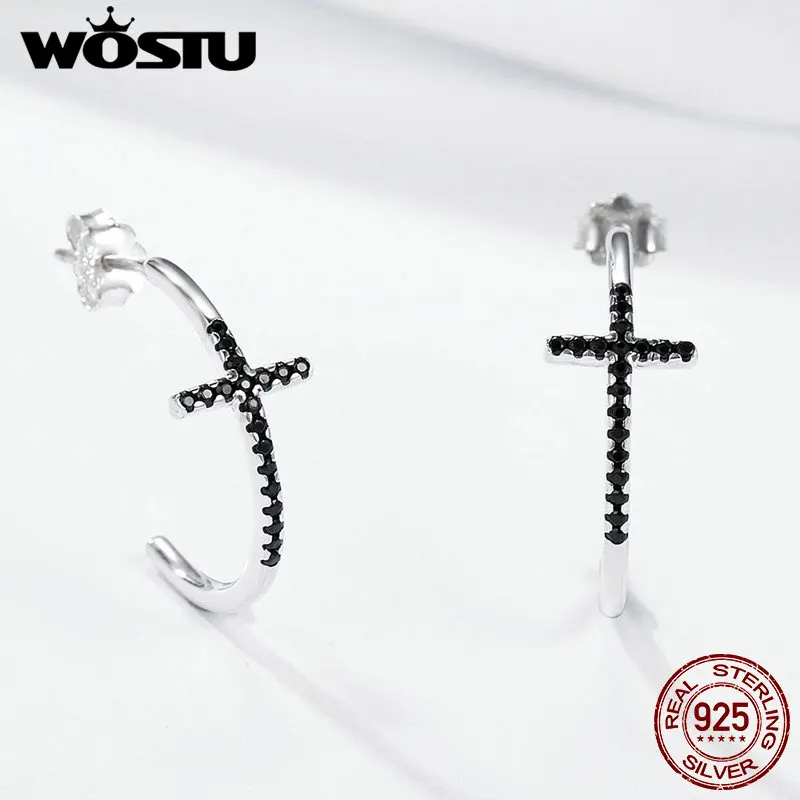 WOSTU, европейские, 925 пробы, серебряные, классические, крест, черные CZ серьги-гвоздики для женщин, Стерлинговое серебро, ювелирные изделия, Brincos FIE262