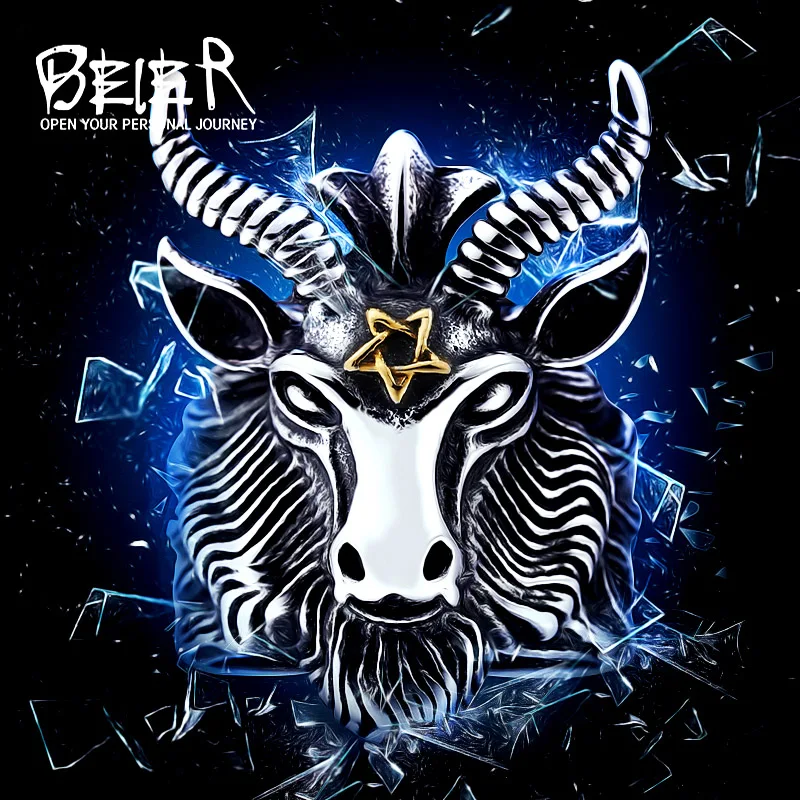 

BEIER Vintage Stainless Steel Satan sign pentagram big goat head Ring Biker Punk Animal Jewelry for men free shipping BR8-182