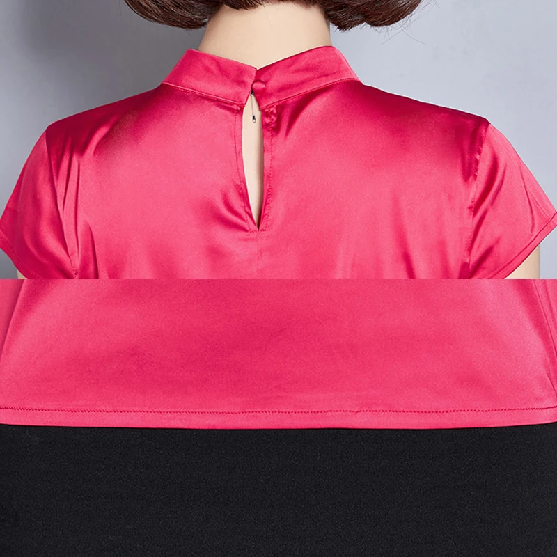 

Women Elegant Satin Shirts Faux Silk Tops Pleated Blouse Short Sleeve Shiny Business Office Lady Solid Stand Regular 914-963