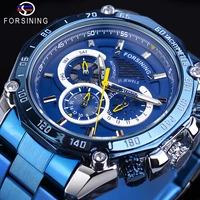 forsining mens automatic blue watch racing big dial date male mechanical stainless steel band sport wristwatch relogio masculino
