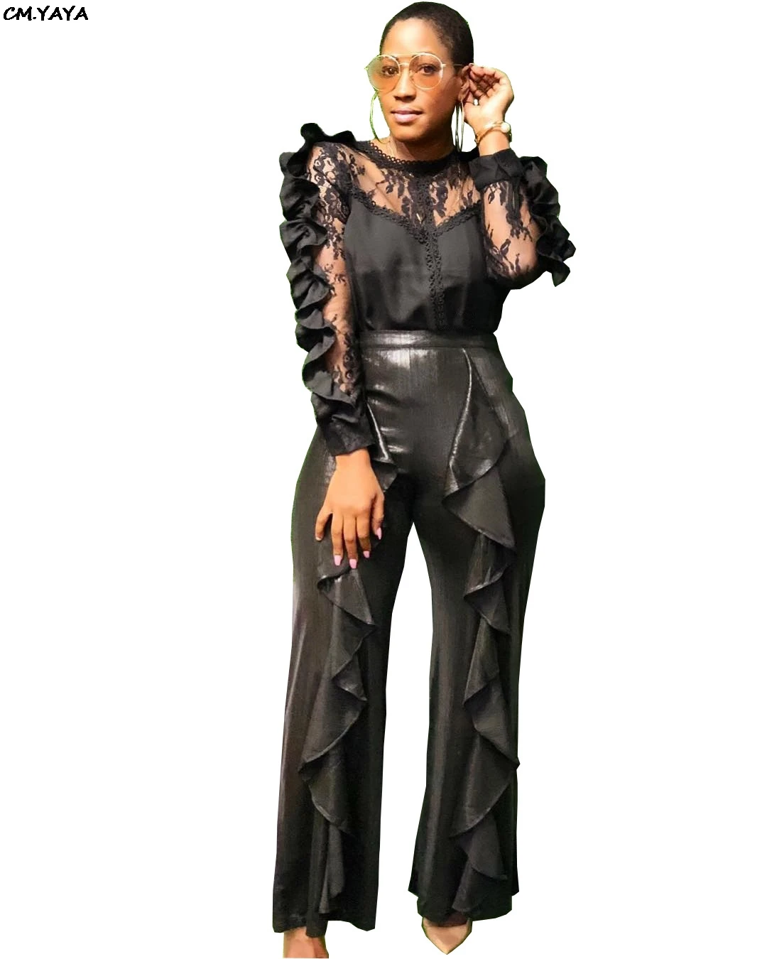 new ruffles mesh long sleeve patchwork blouses shirts faux leather straight pants two pieces women's sets outfits GL5081 | Женская
