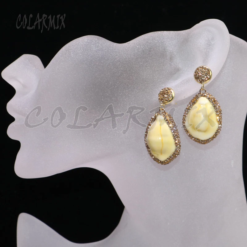 Natural shell stone pave gold color rhinestone earrings yellow fashion jewelry earrings7142 | Украшения и аксессуары