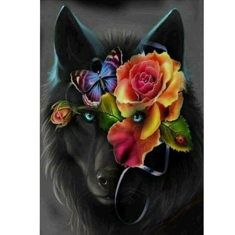 

5D DIY Diamond Embroidery Full Round Diamond Painting Wolf and Flower Pattern Cross Stitch Stickers Home Decorative Painting