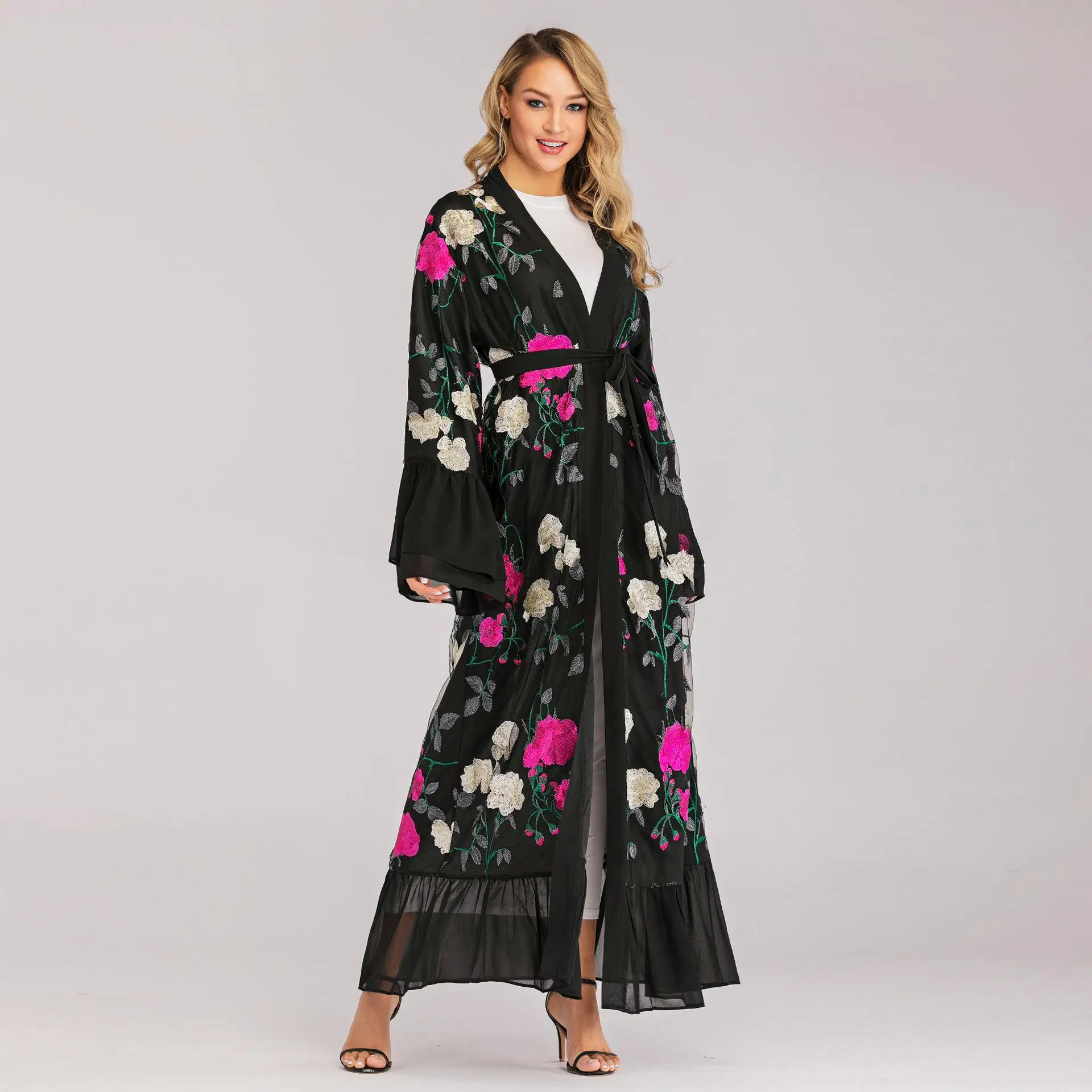 Женский кардиган с цветочной вышивкой в Дубае Abaya длинное платье-Кафтан длинными