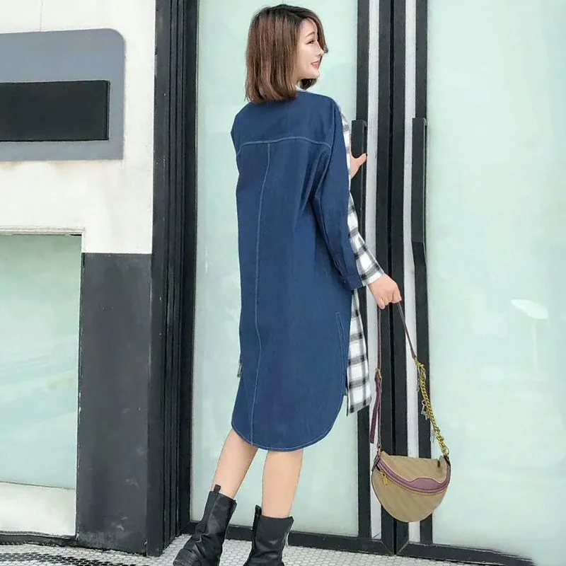 TWOTWINSTYLE клетчатое пальто женское свободное двубортное с рукавом три четверти лоскутное джинсовое Женское пальто Осенняя мода Новинка