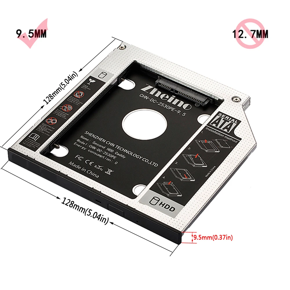 Zheino алюминиевый 9,5 мм 2nd HDD SSD Caddy 2,5 SATA для SATA рамка Caddy HDD чехол адаптер отсек для ноутбука CD/DVD-ROM ODD