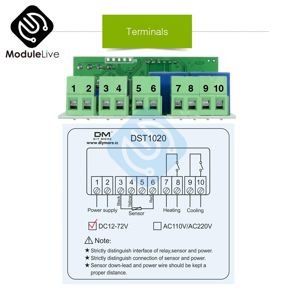 DST1020 AC 110-220V DC 12 V-72 V Цифровой терморегулятор DS18B20 датчик Водонепроницаемый заменить STC-1000