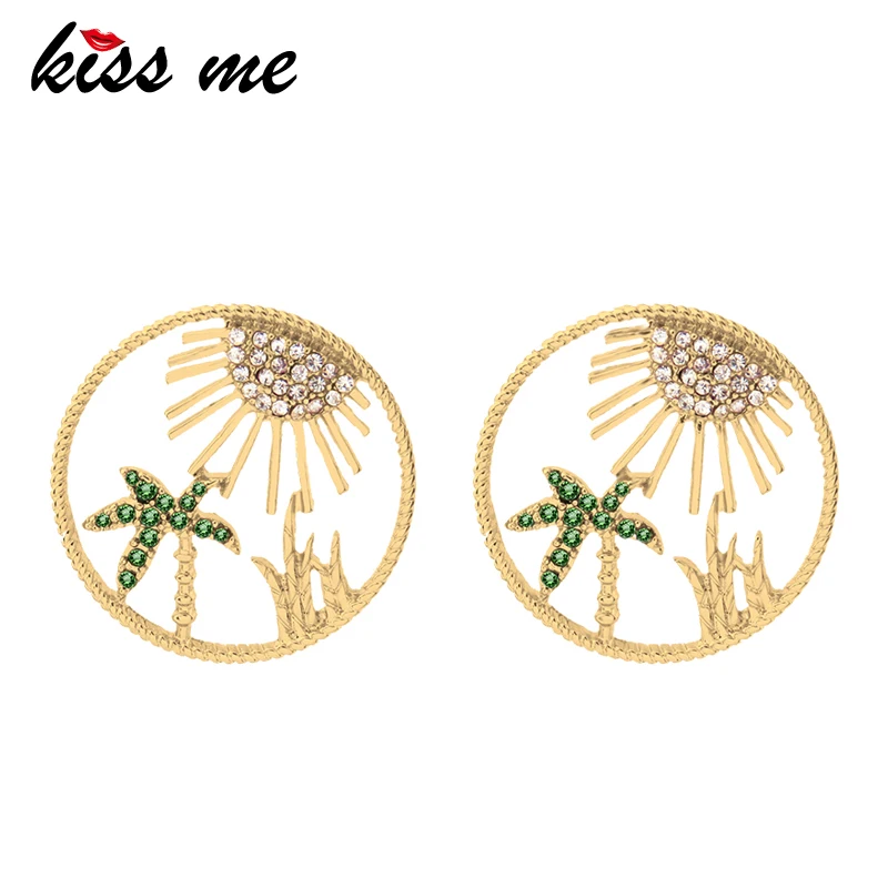 Женские круглые трендовые серьги гвоздики KISS ME Green Tree массивные золотого цвета из
