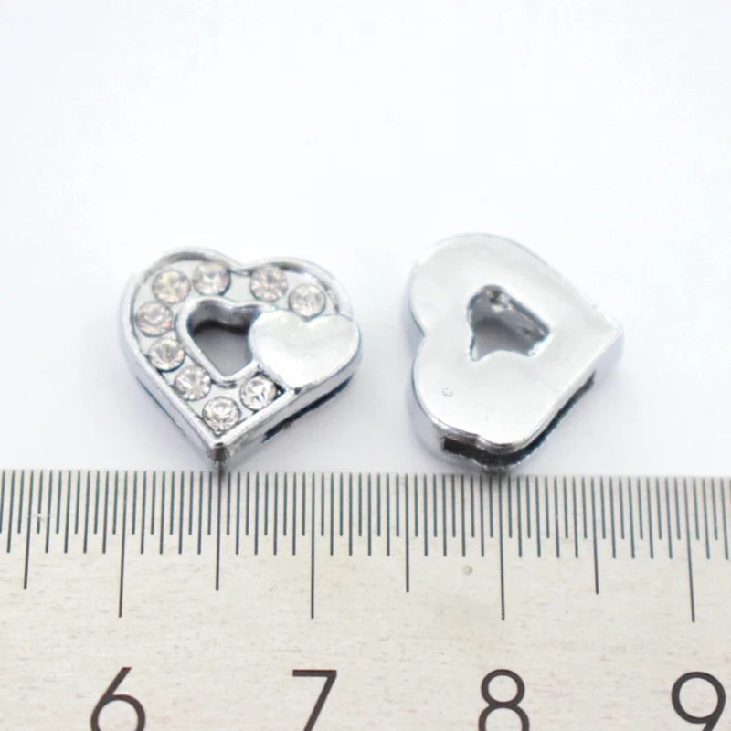 

50PCS 8mm Silver Rhinestone Double Heart Slide Charms Slide Beads DIY 8mm Bracelets Wristbands,Belt Straps Pet Name Collar