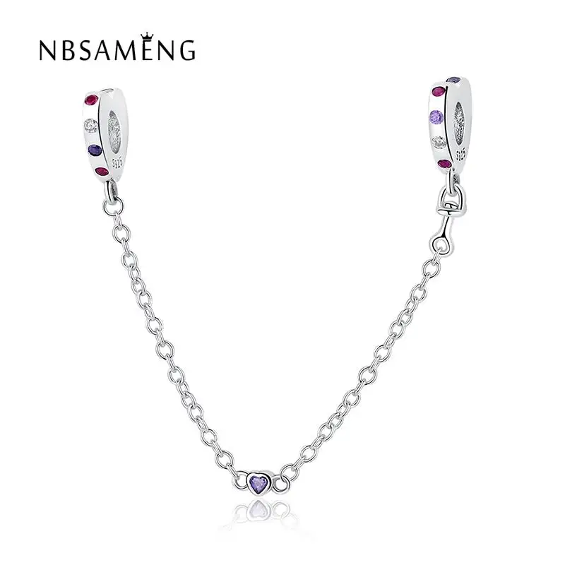 

Newest 925 Sterling Silver Pink Crystals Bright Hearts Safety Chain Charms Fit Original Bracelet Bangle DIY Jewelry