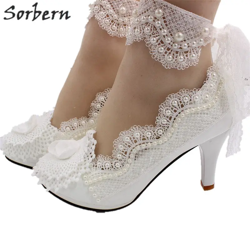 Sorbern/белые свадебные туфли лодочки с кружевом Zapatos De Mujer без шнуровки бисером и