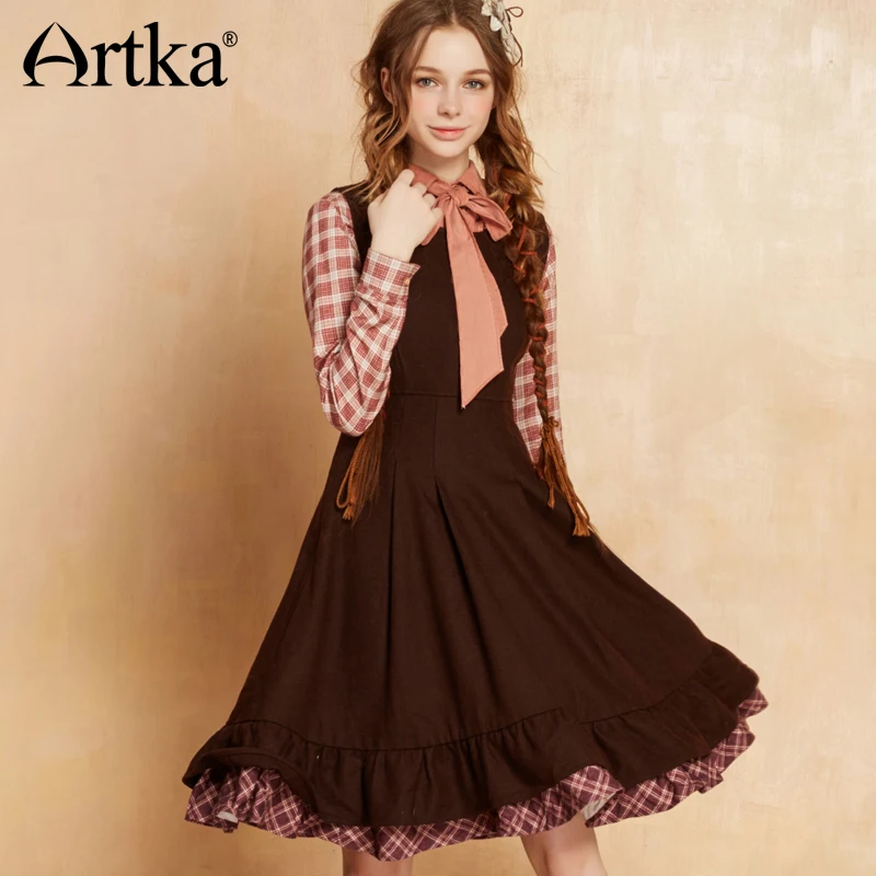 ARTKA 2018 осень и зима мозаика Винтаж большой качели Подол платье в клетку без