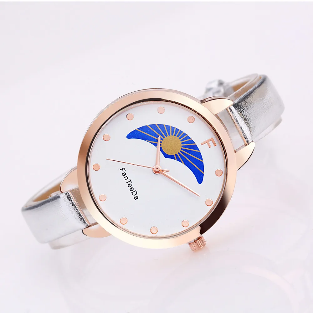 FanTeeDa relogio feminino Sun and moon Аналоговый Кожаный ремешок кварцевые наручные часы женские