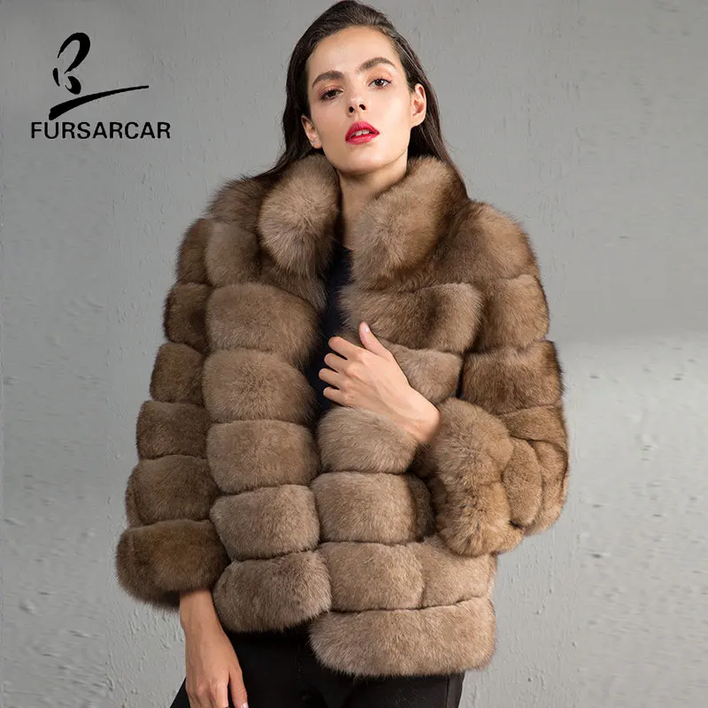 Женское меховое пальто FURSARCAR длинное из натурального Лисьего меха 65 см зимняя