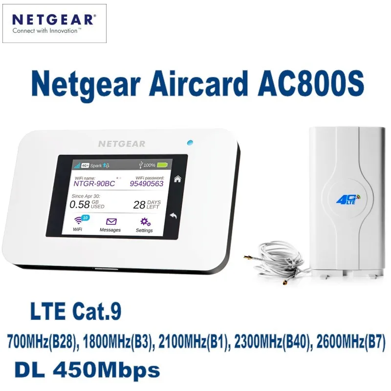 Netgear Aircard AC800S Cat9 450 Мбит/с 4G LTE WiFi точка доступа плюс с 49dBi внешняя внутренняя Wi Fi