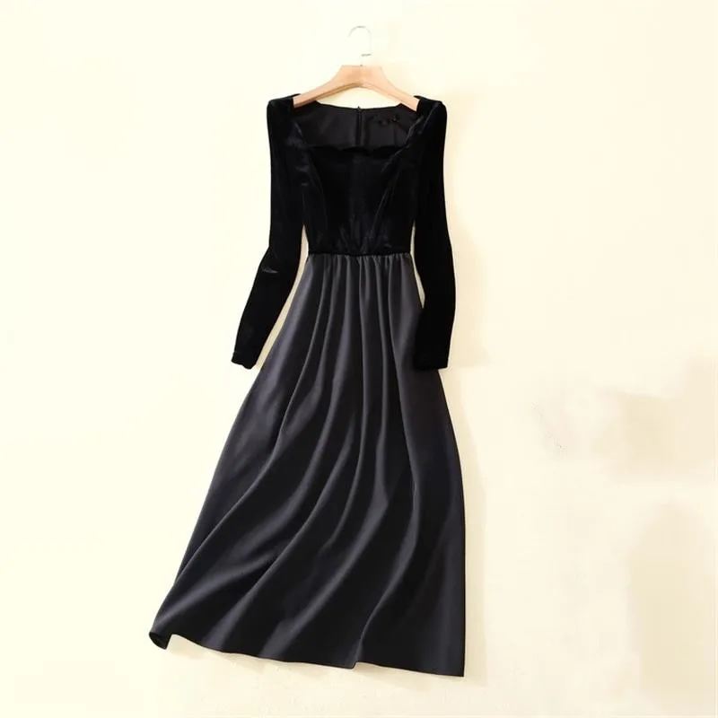 

Women Dress High Quality Designer Runway Square Collar Long Sleeve Velvet Patchwork Party Dresses Black NPD0818MP