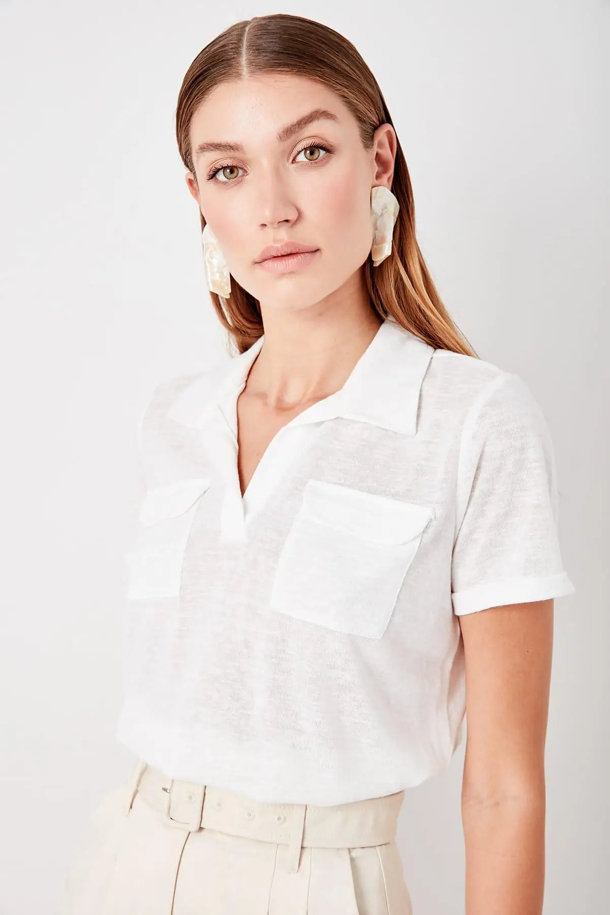 Trendyol/экрю трикотажная футболка с карманами TWOSS19TS0329|Футболки| |