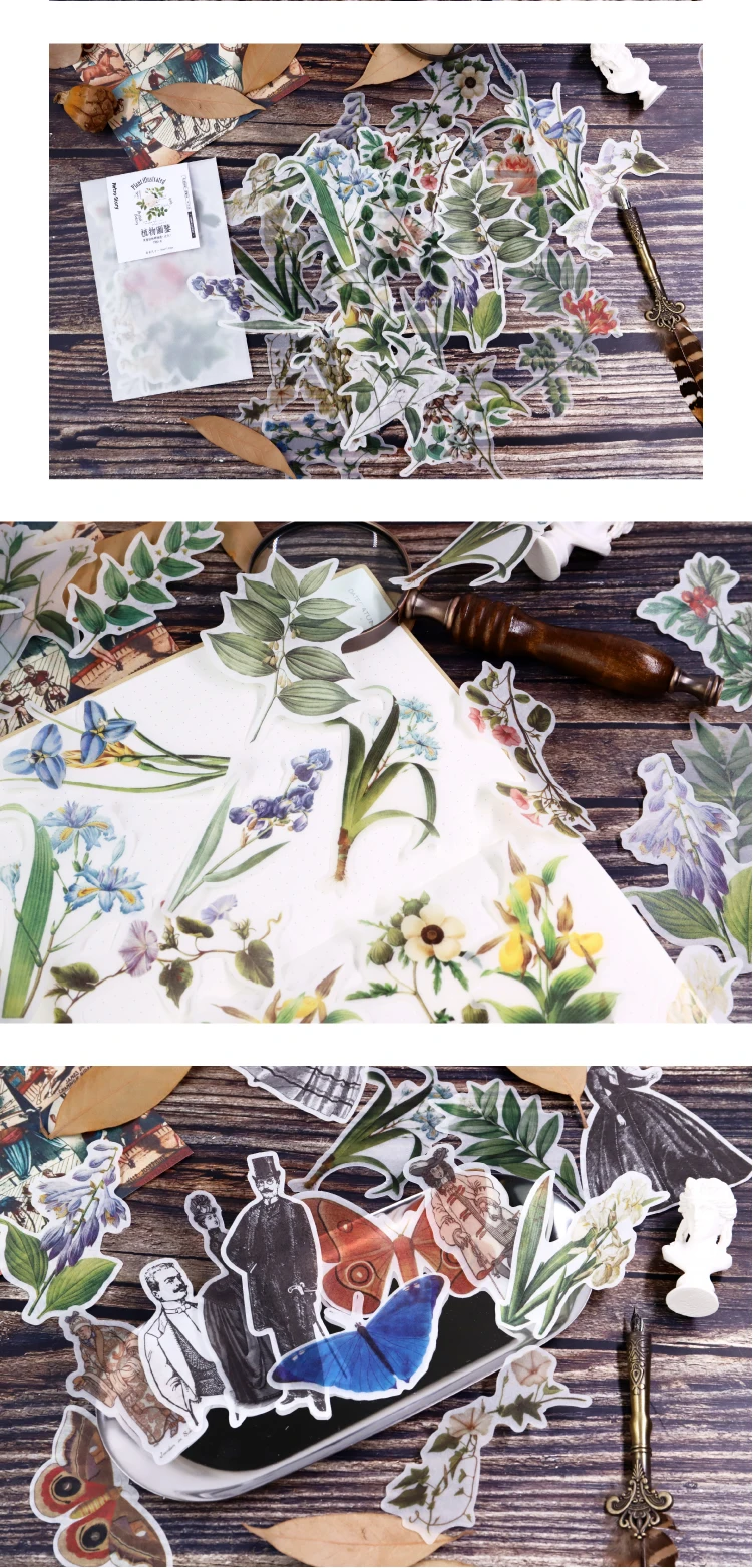 50pcs/lot Vintage butterfly plant illustraled washi paper sticker decoration stickers DIY ablum diary scrapbooking label sticker