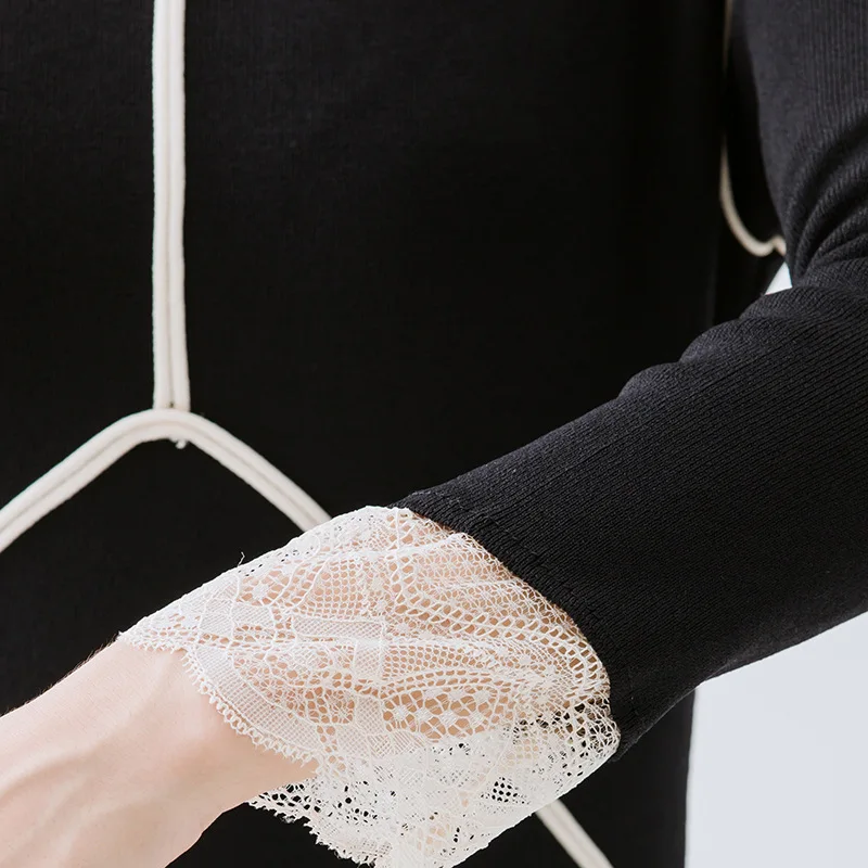 2019 Autumn New Fashion O-Neck Lace Patchwork Bodycon Knitting Women Dress Casual Sim Female Lady Knitted Dresses Vintage | Женская