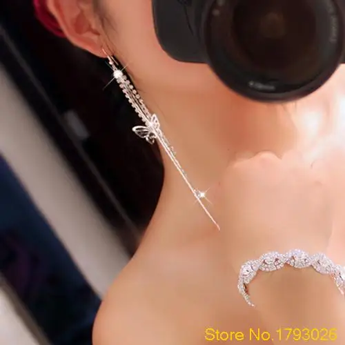 Cute Butterfly Rhinestone Drop Long Tassels Chain Women's Harness Earrings 4TPI | Украшения и аксессуары