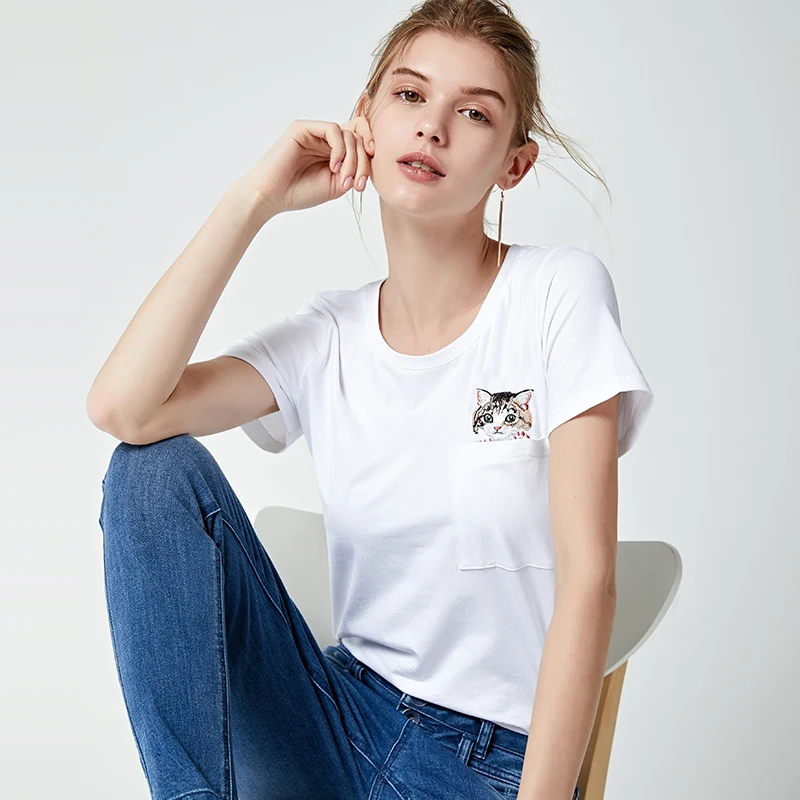 YOYOCATHY White Short Sleeved T-shirt Women 100% Cotton Loose Bottom Coat Kitten Embroidery With Mercerized Chemise Femme | Женская