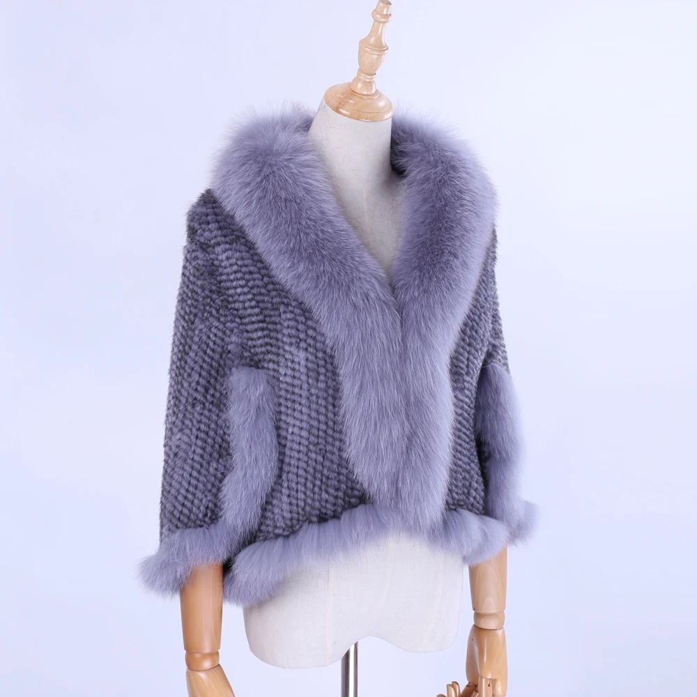 Luxury New Genuine Knitted Mink Fur Shawl Wrap Cape with Fox fur collar Triming women Lady mink fur coat Jacket Stole Amice