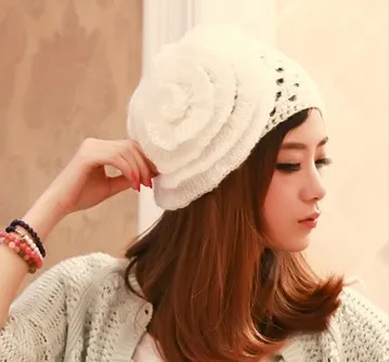 2014 зимние женские шапки Белые Повседневные мохеровая Цветочная шапка шерстяная