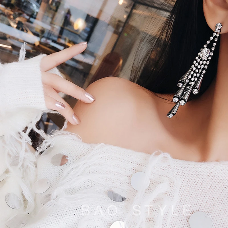 JZTOP Винтажные серьги подвески из черной металлической цепи со стразами и