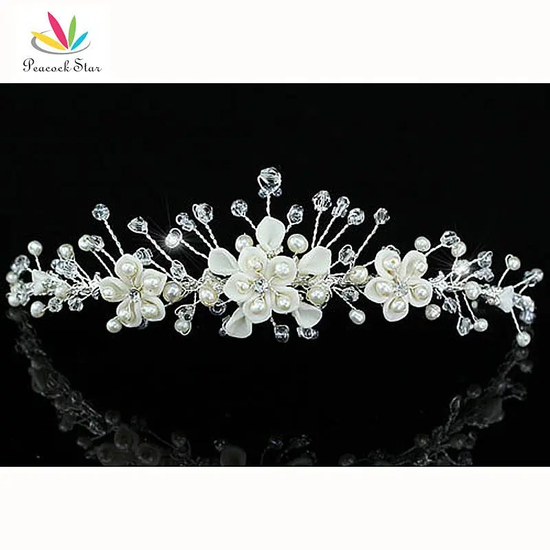 Peacock Star Bridesmaid Bridal Wedding Party Quality Handmade Ivory Ceramic Simulated Pearl Flower Crystal Tiara CT1426 | Украшения и