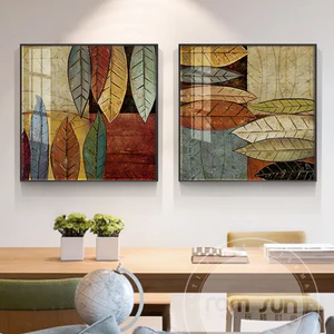 Картина на холсте с абстрактными красочными листьями, ретро, плакат с зелеными растениями, модный Декор, квадратная Настенная картина для гостиной, HD