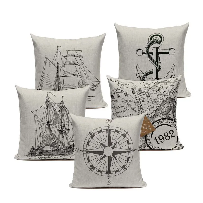

vintage cushion covers Marine Style Hand Painted Ship Almofadas 45Cmx45Cm Square Home Decor 1 Side Printing Outdoor Pillows