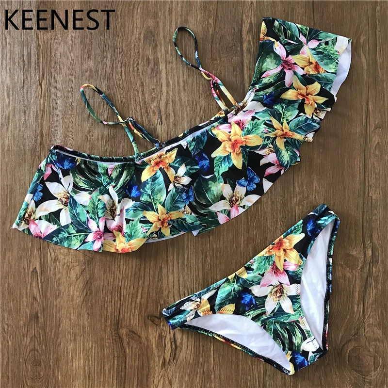 

KEENEST 2018 New Ruffle Bikini Swimwear Women Swimsuit Brazilian Bikini Set Off Shoulder Bathing Suits Print Biquini Beach Wear