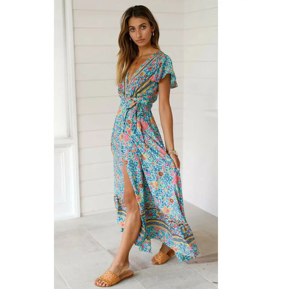 Модное женское длинное платье макси в стиле бохо с цветочным принтом вечернее