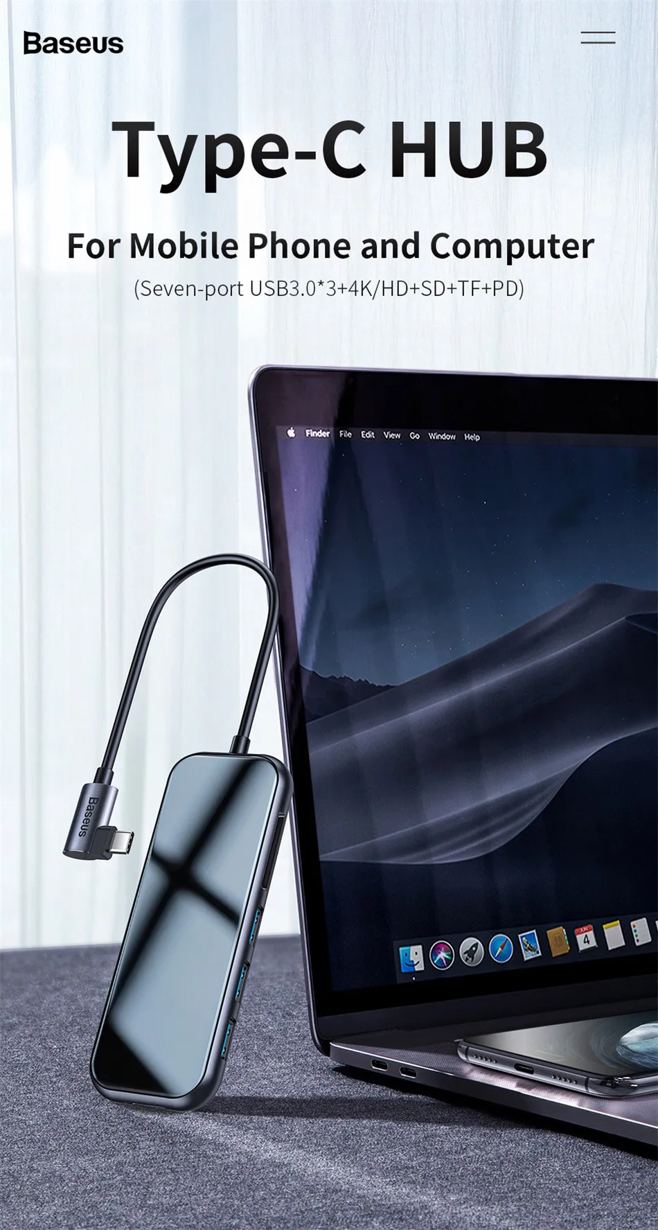 Baseus Мульти USB C 3,0 концентратор с 3 портами Usb TF+ SD карта Тип C Usb концентратор к USB 3,0 HD4K для Macbook Pro с 3,5 мм аудио разъем