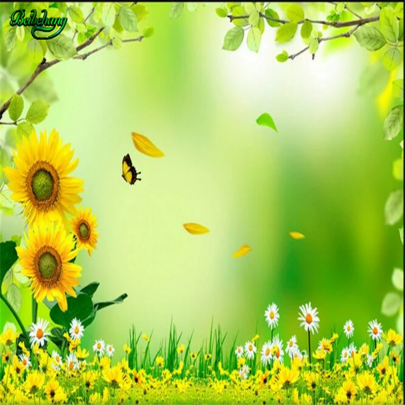 Обои на заказ с зелеными свежими бабочками и подсолнухами|wallpaper mural|nonwoven wallpapercustom