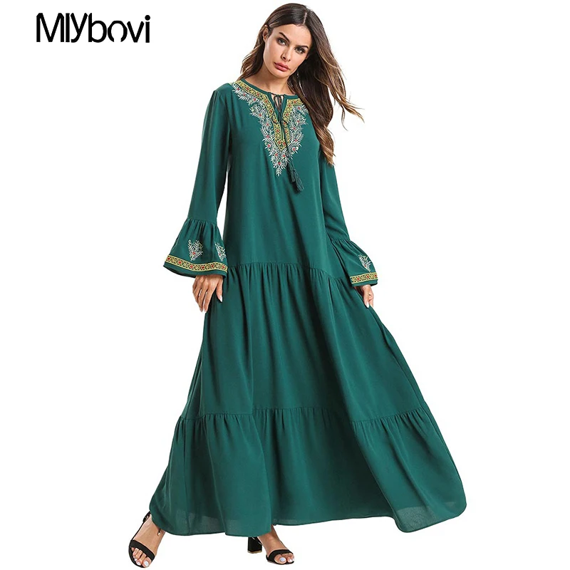 Зеленое мусульманское платье с вышивкой Abaya повседневные длинные халаты кимоно