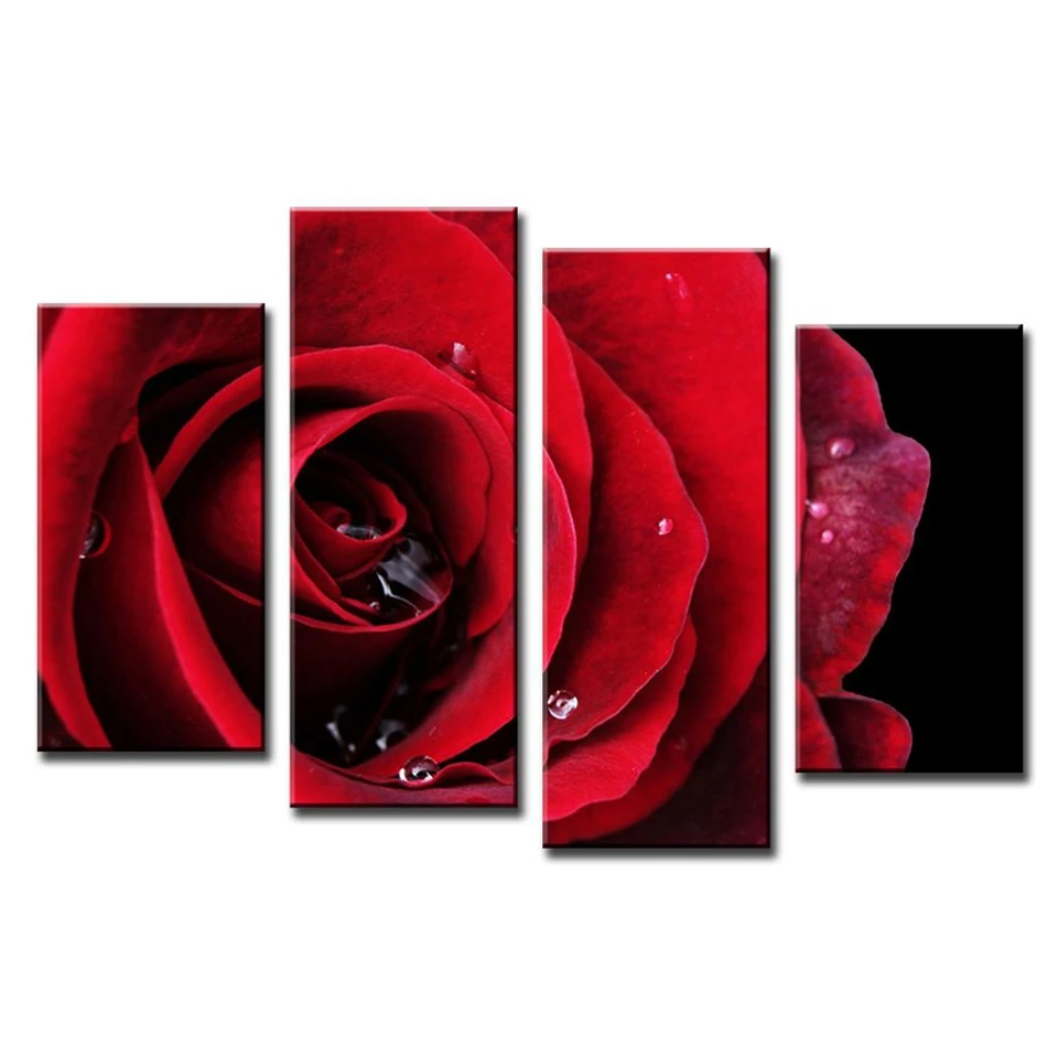 

Canvas Wall Art Pictures Modern Framework Living Room Home Decoration 4 Pieces Bright Red Rose Flower HD Printed Poster Painting