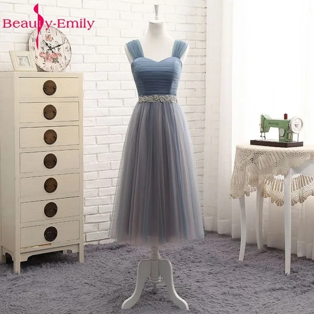 Mid B Beauty Emily Высокое качество Тюль Длинные Короткие платья подружки невесты Формальные трапециевидные винтажные платья для выпускного вечера с открытыми плечами - Цвет: Mid B
