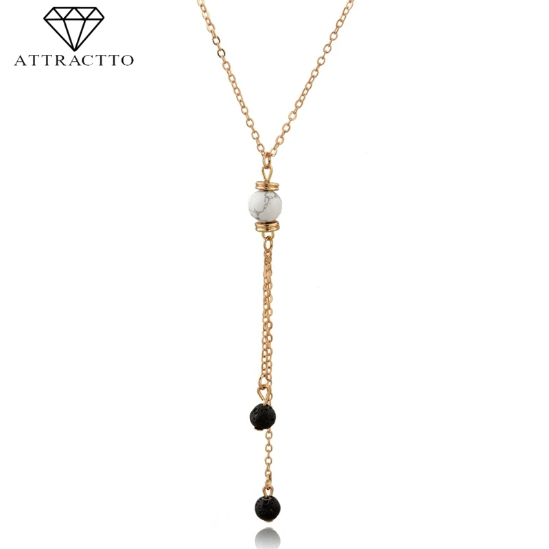 

ATTRACTTO Black Lava Natural Stone Beads Necklaces&Pendants For Women Chain Long Gold Necklace Charm Jewelry Necklace SNE190010