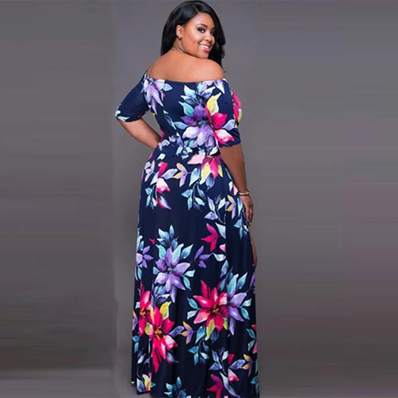 Женское платье с вырезом лодочкой Plusee синее Ассиметричное большого размера 4XL 5XL