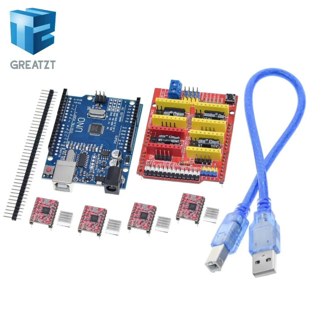 GREATZT cnc shield v3 гравировальный станок 3d принтер+ 4 шт. A4988 Плата расширения драйвера для Arduino+ UNO R3 с USB кабелем