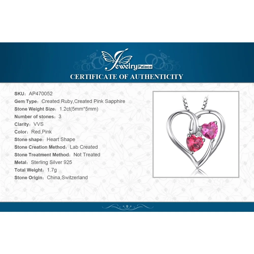 Jewelrypalace любовь 1.2ct сердца создано ruby розовый сапфир &quotКулон 925 Серебряная свадьба