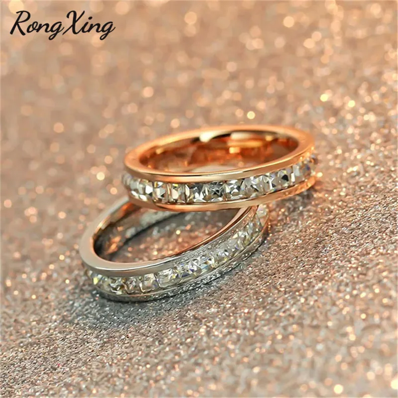 RongXing серебряные/Золотые/розовые золотые титановые стальные однорядные CZ кольца