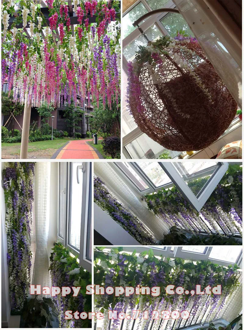 12 шт. 75 см/110 см искусственный шелк Wisteria поддельные Сад Висячие цветы лоза Свадебная вечеринка домашний декор, зеленый красный фиолетовый белый